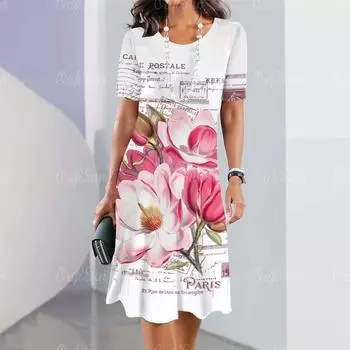 Новые женские платья с цветочным принтом, летние элегантные платья для отпуска, женские платья с коротким рукавом, модная одежда больших размеров S