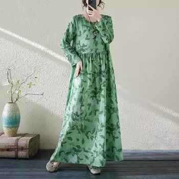 Новые женские платья с длинным рукавом с круглым вырезом и принтом, модные повседневные длинные платья больших размеров, свободные зеленые платья в пляжном курортном стиле L