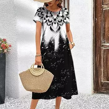 Новые женские платья с графическим принтом, элегантные и красивые платья миди, летнее цельное платье больших размеров для женщин S