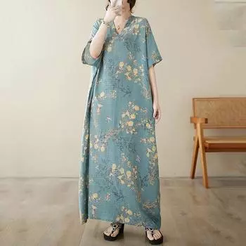 Новые женские платья с коротким рукавом больших размеров в винтажном стиле с цветочным принтом, повседневное свободное длинное летнее платье макси синий