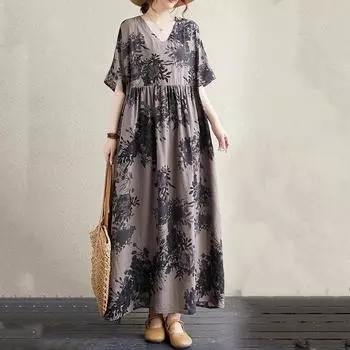 Новые женские платья с коротким рукавом больших размеров в винтажном стиле с цветочным принтом, повседневные свободные длинные летние платья