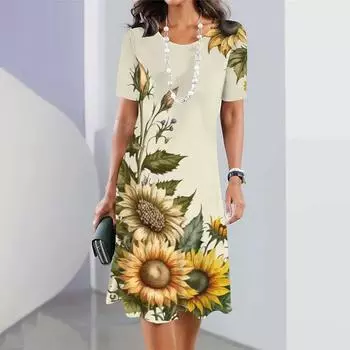 Новые женские платья с принтом подсолнухов, элегантное свободное мини-платье, летнее платье больших размеров с коротким рукавом, модная женская одежда S