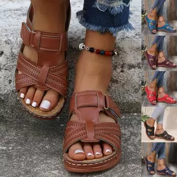 Новые женские пляжные однотонные сандалии на танкетке с круглым носком и танкеткой на толстой подошве 36 чёрный