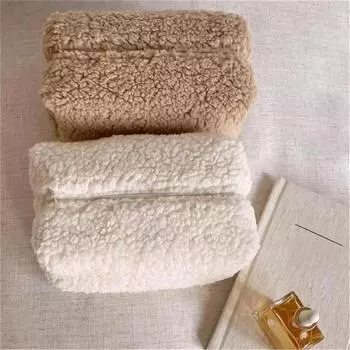 Новые женские плюшевые косметички для девочек, милые канцелярские принадлежности, органайзер для косметики, женские кисти для макияжа, сумка для хранения бежевый