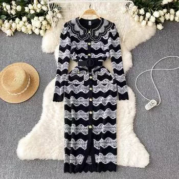 Новые женские полосатые флокированные кружевные вечерние платья, винтажные тонкие облегающие платья-карандаш миди с длинными рукавами S белый