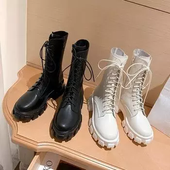 Новые женские полусапоги осень-зима модные на шнуровке с молнией Botas Mujer удобные кожаные женские сапоги на платформе и каблуке 35 белый