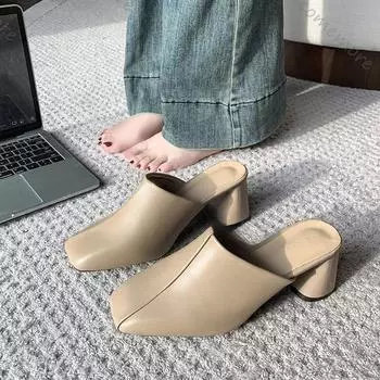 новые женские полутапочки Baotou с квадратным носком на высоком каблуке, модная уличная обувь на толстом каблуке, однотонные мюли, шлепанцы 35