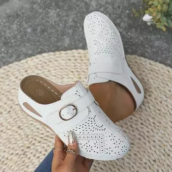 Новые женские полутапочки на танкетке, женские тапочки с полой головкой и шнуровкой, размер 43, женская обувь, новые летние сандалии 2024 года 36 чёрный