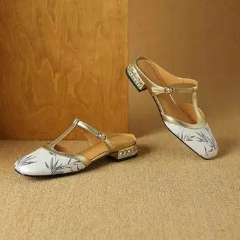 Новые женские полутапочки с квадратным носком и бамбуковым листом в китайском стиле, которые можно носить в Т-образной форме со стразами, босоножки на низком каблуке 34 белый