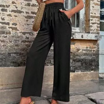 Новые женские повседневные брюки с эластичной завышенной талией, свободные брюки для женщин S чёрный