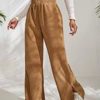 Новые женские повседневные брюки с высокой талией на осень и зиму, однотонные вельветовые брюки с разрезом внизу, женские брюки S темно-коричневого
