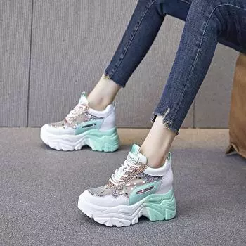 новые женские повседневные кроссовки с летним принтом, модные дышащие сетчатые туфли на шнуровке для женщин, обувь на платформе для ходьбы Zapatos De Mujer 35 зелёный