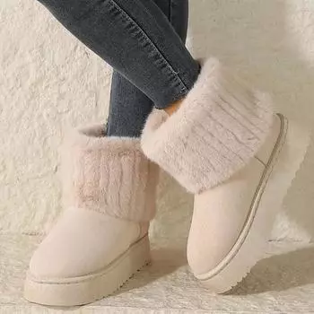 Новые женские повседневные меховые сапоги до середины голени, женские однотонные зимние сапоги, слипоны с круглым носком, на танкетке, плоская обувь, сохраняющая тепло 36 чёрный