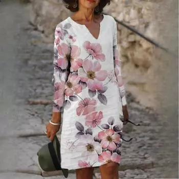 Новые женские повседневные платья с V-образным вырезом и цветочным принтом и длинными рукавами S синий