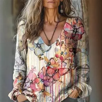 Новые женские повседневные свободные футболки с V-образным вырезом и длинными рукавами с цифровым 3D-принтом S