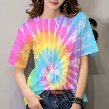 Новые женские повседневные топы с короткими рукавами и 3D-узором в стиле тай-дай, модная футболка с круглым вырезом, лето S