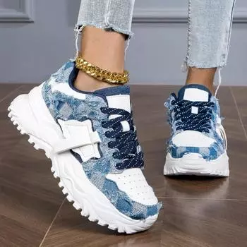 Новые женские повседневные туфли, модные толстые подошвы, дышащие, прогулочные туфли на плоской подошве, женские спортивные джинсовые вулканизированные туфли, синие женские туфли 36