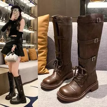 Новые женские рыцарские сапоги с пряжкой в стиле ретро с ремешком, толстой подошвой и толстым каблуком, панк-рыцарские сапоги/мотоциклетные сапоги 35