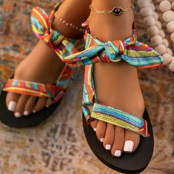 Новые женские сандалии, цветные повседневные туфли на плоской подошве со шнуровкой и бантом для дам, летняя модная уличная пляжная обувь с леопардовым принтом, большие размеры 43 43