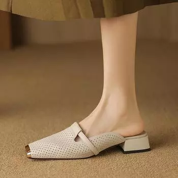 Новые женские сандалии из натуральной кожи с квадратным носком, удобные повседневные тапочки для лета, низкие каблуки, тапочки Muller, летняя обувь для женщин 34 красный