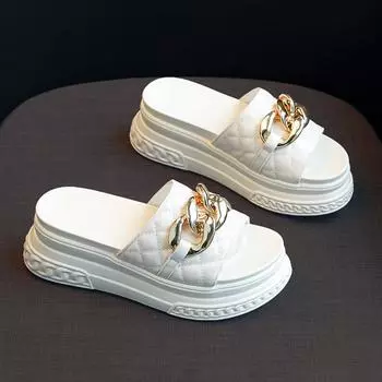 Новые женские сандалии, летние гладиаторы на платформе, женская обувь на танкетке, модные домашние тапочки на толстой подошве с цепочкой, большие размеры 35–40 35 белый