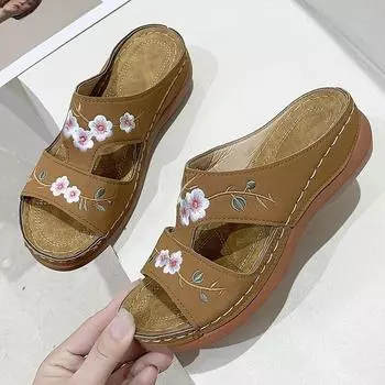 Новые женские сандалии на плоской подошве с открытым носком. Женские повседневные женские сандалии в стиле ретро на толстой подошве с узором в виде цветов сливы Zapatos De Mujer 43 оранжевый
