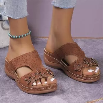 Новые женские сандалии на танкетке с цветочным принтом, летние тапочки, удобные повседневные нескользящие пляжные римские женские тапочки, Zapatos Mujer 35