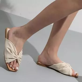 Новые женские сандалии с бантом, модные женские пляжные тапочки с квадратным носком и плоской подошвой, однотонные женские туфли без шнуровки, Sandalias Mujer