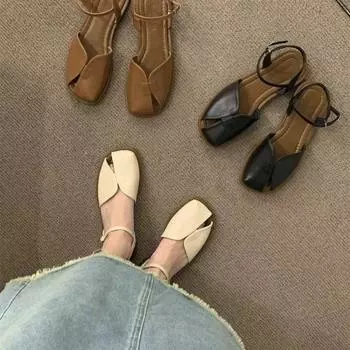 Новые женские сандалии с открытым носком, повседневная обувь, женские мягкие кожаные дышащие туфли на плоской подошве, однотонные сандалии 35