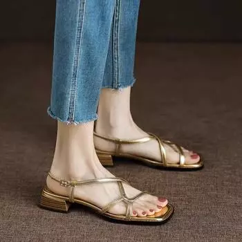 Новые женские сандалии с перекрестными шнурками на низком каблуке, гладиаторские сандалии, золотистые узкие пляжные туфли, летние дизайнерские сандалии Mujer 34 золотой