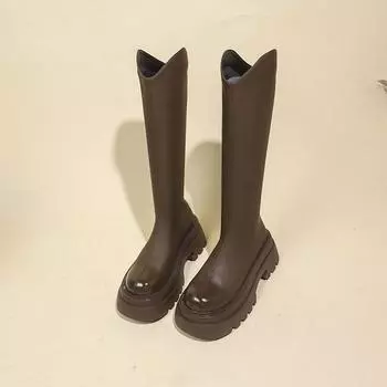 Новые женские сапоги до колена для активного отдыха, зима 2024, горячая распродажа, модные однотонные туфли с круглым носком для женщин Botines De Mujer 35 чёрный