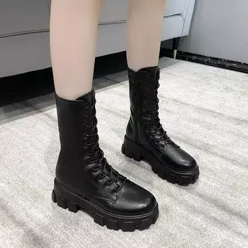 Новые женские сапоги до середины икры, осенне-зимняя модная женская обувь на шнуровке «Челси» на молнии Botas Mujer, спортивная женская обувь на каблуке-платформе 35 чёрный