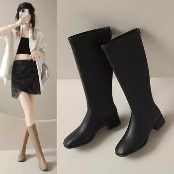 Новые женские сапоги на молнии, на толстом высоком каблуке, простые, из цельной кожи, с круглым носком, осенне-зимние сапоги, сапоги до колена, большие размеры 34-43 34 бежевый