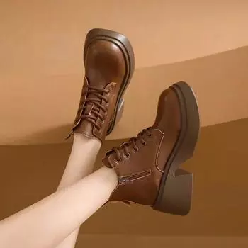 Новые женские сапоги на платформе, осенне-зимние короткие сапоги для женщин, ретро-сапоги ручной работы, женские ботильоны на шнуровке, на танкетке, Botas Mujer 35