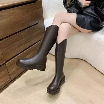 Новые женские сапоги с молнией сзади на толстой подошве на каблуке, простые осенне-зимние сапоги длиной до колена 35
