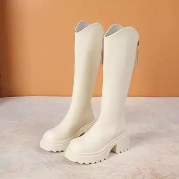 Новые женские сапоги с молнией сзади на толстой подошве на каблуке, простые осенне-зимние сапоги длиной до колена 35 чёрный