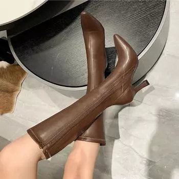 Новые женские сапоги с острым носком на высоком каблуке, женские сапоги до колена, с боковой молнией из искусственной кожи, женские сапоги до бедра 35 бежевый