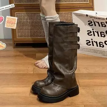 Новые женские сапоги в стиле вестерн, модные длинные сапоги в стиле рыцаря, осенне-зимние женские туфли на толстом каблуке 35