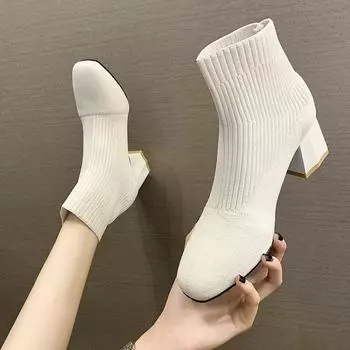 Новые женские сапоги весна, осень и зима корейский выпуск квадратный рукав женские вязаные модные сапоги на толстом каблуке 38 чёрный