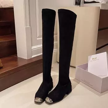 Новые женские сапоги выше колена для активного отдыха, зима 2024, горячая распродажа, модные однотонные туфли с квадратным носком для женщин Botines De Mujer 35 чёрный