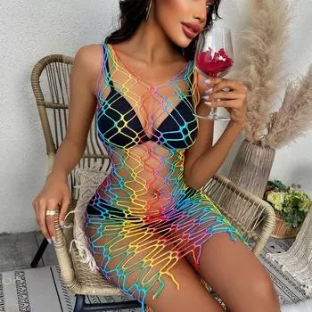 Новые женские сетчатые радужная пляжная одежда сексуальные сетчатые мини-платья-боди эротические сетчатые открытые прозрачные облегающие платья XXS