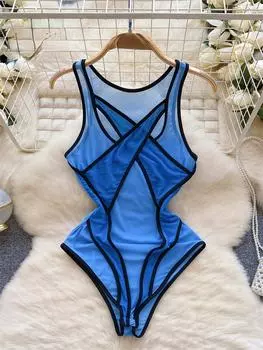 Новые женские сетчатые сексуальные боди без рукавов, уличная одежда, тонкий шикарный прозрачный кружевной комбинезон с открытой промежностью, эстетичная однотонная эротическая одежда S синий