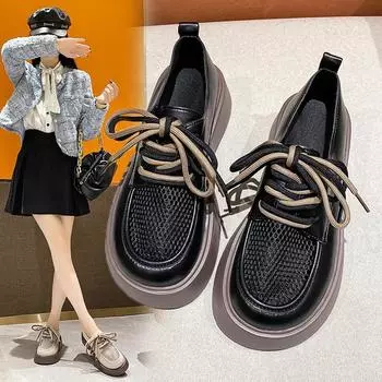 Новые женские сетчатые туфли Lefu, женские модные туфли на одинарной платформе с мелким открытым носком и круглой головкой на шнуровке на толстой подошве 35 чёрный