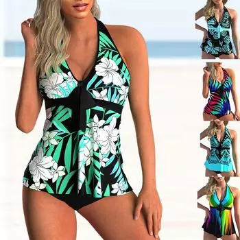 Новые женские сексуальные купальники с глубоким V-образным вырезом, летние комплекты танкини больших размеров с принтом и открытой спиной, Холтер из двух предметов, купальник, пляжная одежда, купальник 5XL чёрный