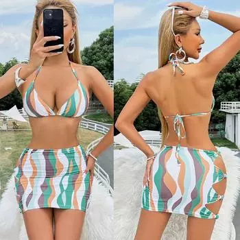 Новые женские сексуальные нерегулярные полоски с перекрестной шнуровкой и раздельными купальниками бикини, комплект из трех предметов, модная юбка с открытой спиной для пляжного курорта, купальники S зелёный