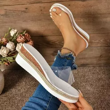 Новые женские сексуальные прозрачные тапочки без застежек, туфли на танкетке высокого класса 36 чистый