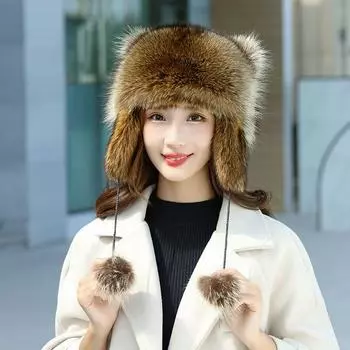 Новые женские шапки из натурального меха енота, шапка-ушанка для зимы, толстая теплая модная шапка с помпонами, женская прелесть, настоящая лисья меховая шапка Hat size:(52cm-60cm) коричневый