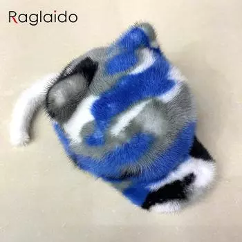 Новые женские шапки с ушками из натурального норкового меха, роскошные теплые шапки с полями, женские зимние шапки с хвостом из натурального меха head 55-59cm синий