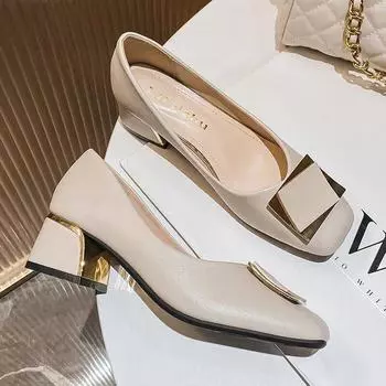 Новые женские современные туфли-лодочки, весенние модные кожаные туфли на квадратном каблуке на высоком каблуке, рабочие повседневные топсайдеры, размеры 35–43 35 чёрный