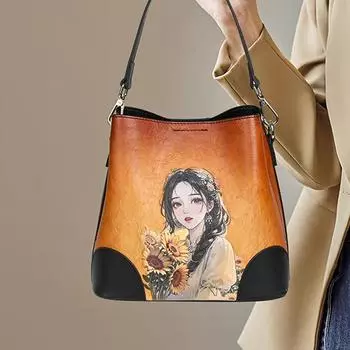Новые женские сумки из натуральной кожи, высококачественные дизайнерские сумки-ведра с ручной росписью, универсальные сумки